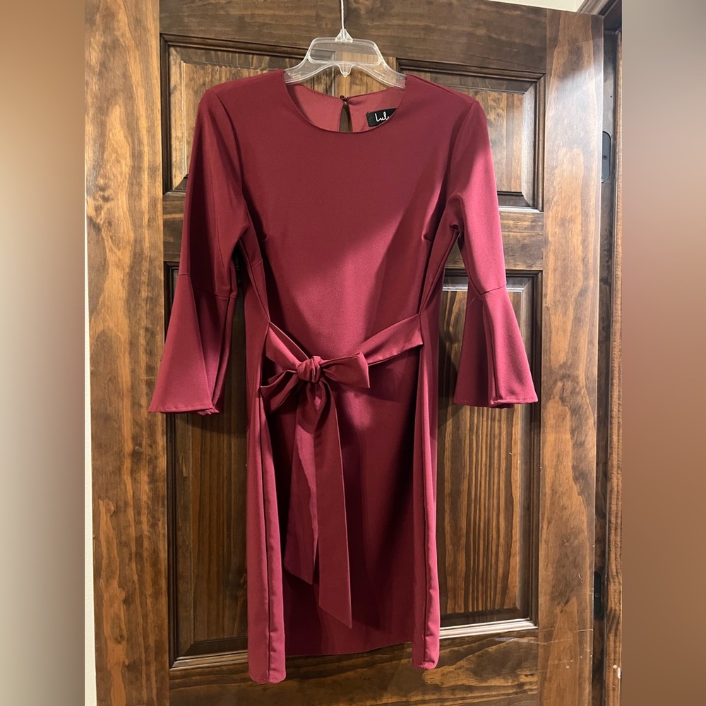 Lulu's Burgundy/Maroon Bell Sleeve Dress with Tie